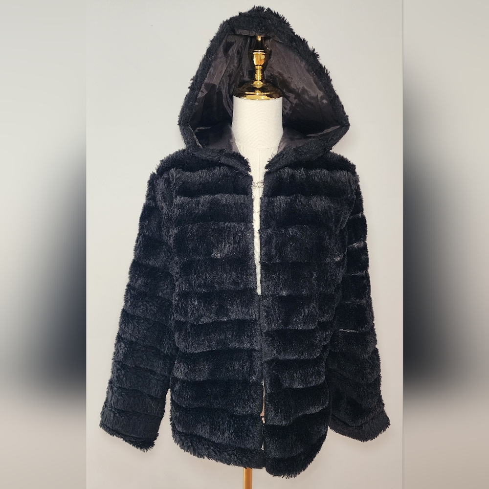 Faux Fur Hooded Jacket Black Faux Sherpa Puffer Size M